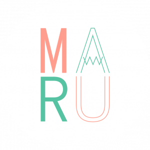 MARU - Logo - White Circle with Four Letters M A R U colord of pastel Pink and Green