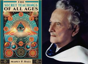 Two photos are shown — a book cover of The Secret Teachings of All Ages (first published under a different title in 1928) and the author of the book, Manly P. Hall (1901-1990), who eventually became a 33° Mason.