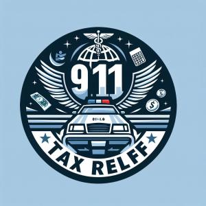 Image of front of police car, Wings of a bird on the sides of the above it says 911 and below the car it says Tax Relief.