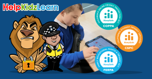 Student using HelpKidzLearn with FERPA, COPPA and CSPC logos