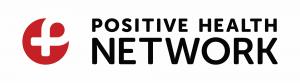 Logo for Positive Health Network - Icon is based on a circle including a symbol representing the letter P, an AIDS ribbon, and a plus sign (positive) in red, with the words Positive, Health, and Network in black.