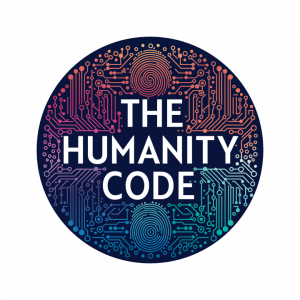 Logo for The Humanity Code featuring human thumbprint amidst AI