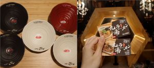 Left: red stamps of prizes on the bottom of new bowls, Right: gift cards for winners