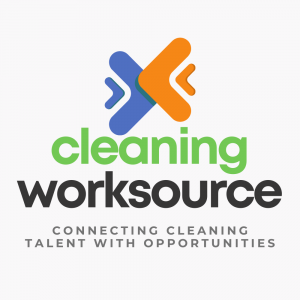 Cleaning WorkSource logo featuring blue and orange abstract shapes forming a dynamic 'X' above the company name. Below, the tagline reads 'Connecting Cleaning Talent with Opportunities.