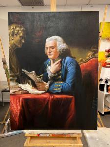 Ben Franklin Portrait on Easel in Atelier Prestige  Studio