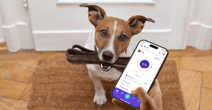 Dog holding phone with Biscuit App