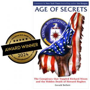 Age of Secrets book cover showing a hand pulling down the United States Flag with the CIA Seal behind it and the 2024 International Book Awards (IBA) Winner logo  in front of it