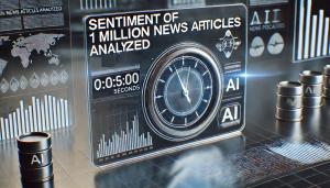 A high-tech setting featuring a digital display that reads 'Sentiment of 1 Million News Articles Analyzed" in seconds