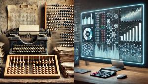 Old typewriter and abacus vs. modern computer highlight the dramatic improvement in AI-driven financial predictions, showing the transition from outdated methods to advanced AI technology