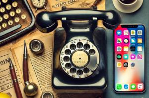 Rotary phone vs. modern smartphone highlights the dramatic improvement in technology, showcasing the transition from outdated communication methods to advanced, modern devices