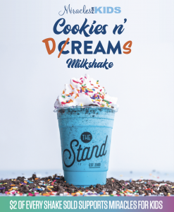 Picture of the blue milkshake called ‘Cookies n’ Dreams’ from The Stand Restaurants who will donate $2 a shake to Miracles for Kids