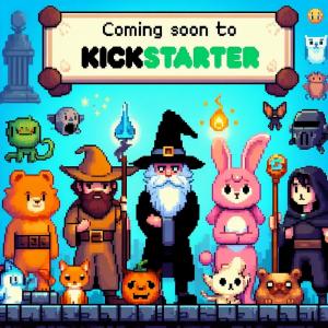 Pixel art characters stand under a banner that reads Coming Soon To Kickstarter, referencing AFK's upcoming crowdfunding launch.