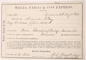 1875 Wells Fargo & Co. receipt from Virginia City, Montana for a nugget pin valued at $15 going to Kansas (est. $100-$200).