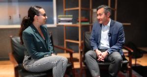 From left to right UrbanLogiq's Head of Corporate Affairs, Luisa Alvarez interviewing UrbanLogiq's incoming Chief Strategy Officer, Michael Lee