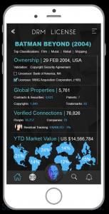 A smartphone screen showing the "DRM LICENSE" section of tap.ec. The license displayed is for "BATMAN BEYOND (2004)" with top classifications in Film, Music, Retail, and Shipping.  Ownership Details: Date: 29 FEB 2004, USA Validation: Copyright Security A