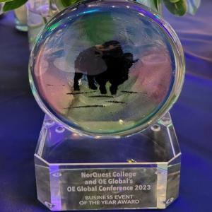 A glass award in the shape of a buffalo with a the award dedication etched at the base.