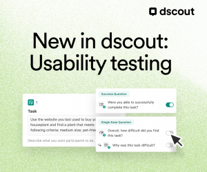 Announcement image on a green background showing the usability testing feature within the dscout product