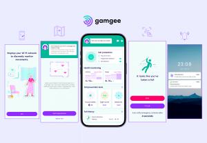 Overview of the Gamgee app interface showcasing fall detection, health monitoring, and emergency alert features.