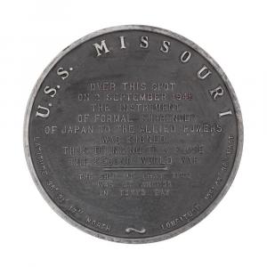 Captain’s plaque from the World War II battleship the USS Missouri, dated Sept. 2, 1945 and marking the location of the Japanese surrender, removed from the ship in 1984 ($4,538).