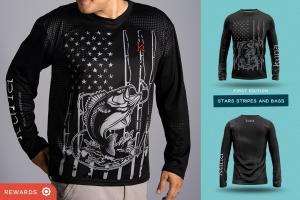 Long sleeve fishing shirt with a US Flag in the background with a striking bass.