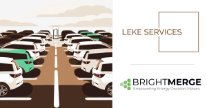 A photo illustration of cars and a charging station, and the logos of Leke Services and Brightmerge.