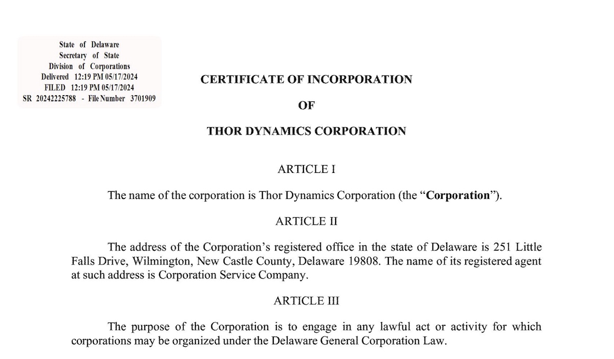 Регистрация компании Thor Dynamics 17 мая 2024 г.