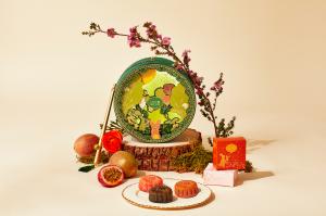 Image of Lady M's Celestial Splendor 6-piece Gift Set with mooncakes, mooncake boxes, flowers, and passion fruits.