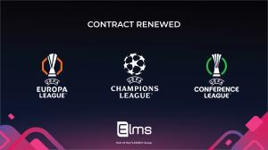 An image showcasing the logos of the Champions League, Europa League and Conference League logos alongside the words 'Contract Renewed' and the Elms Marketing logo
