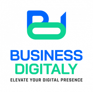 Blue and green geometric logo with the text "Business Digitaly" and the tagline "Elevate Your Digital Presence."