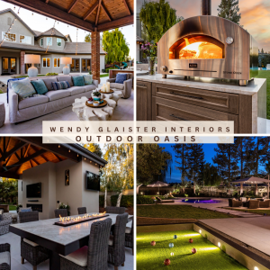 Wendy Glaister Interiors' Outdoor Oasis project features an outdoor living area, a spectacular chef's kitchen, a 10 foot custom dining table and several sports courts for everyday enjoyment.