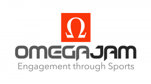 OmegaJam White Placard Logo with inverted white horseshoe inside orange box above the name OmegaJam