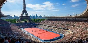Image of stadium venue with Eiffel Tower in the background