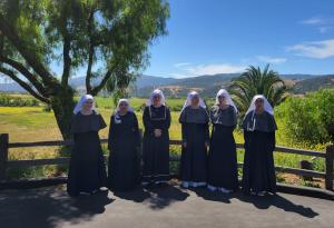 Seven Sisters of the Valley standing with a panoramic view of Santa Barbara hills behind them