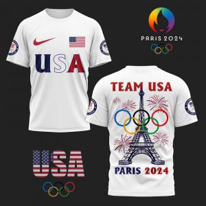 A vibrant and patriotic design featuring the USA flag, Olympic rings, and iconic landmarks.