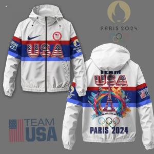 A stylish and patriotic Team USA windbreaker jacket for the Paris 2024 Olympics.
