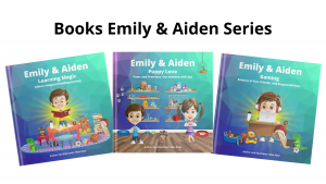 hree books from the ‘Emily & Aiden Series™’ by Author Miss Rose, featuring ‘Learning Magic,’ ‘Puppy Love,’ and ‘Gaming.’ Each book cover is illustrated with engaging characters and vibrant colors, designed to inspire learning and discovery in young childr