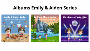 Three music albums from the ‘Emily & Aiden Series™’ by Author Miss Rose, featuring ‘Adventures in Melody: STEM Songs,’ ‘Adventures in Melody: Kids Songs Vol. 1,’ and ‘Kids Dance Party Hits.’ Each album cover is illustrated with engaging characters and vib