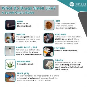 An infographic shows A Loved Ones and Parents Guide to Drug Smells from Purpose Healing Center