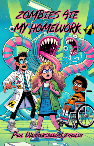 A book cover showing two children- a boy and a girl, and their teacher battling an alien worm. The teacher is wearing a labcoat, the girl is in glasses, and the boy is in a wheelchair.