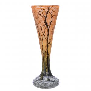 Lot 25 is a French cameo Winter Season art glass vase signed Daum Nancy, exceptional in size at 21 inches tall and having superb form and quality. The genuine Daum vase should reach $8,000-$12,000.