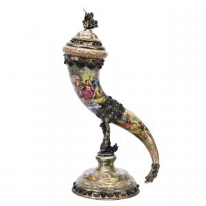 Circa 1890 Austrian silver and enamel carved horn, 13 inches by 7 ½ inches, with hand-painted classical scenes with cherubs and various mythological depictions (est. $5,000-$8,000).