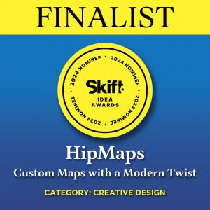 Yellow band at top with "Finalist", blue background with Skift IDEA Awards 2024 Nominee round yellow logo and underneath HipMaps, Custom Maps with a Modern Twist, Category: Creative Design