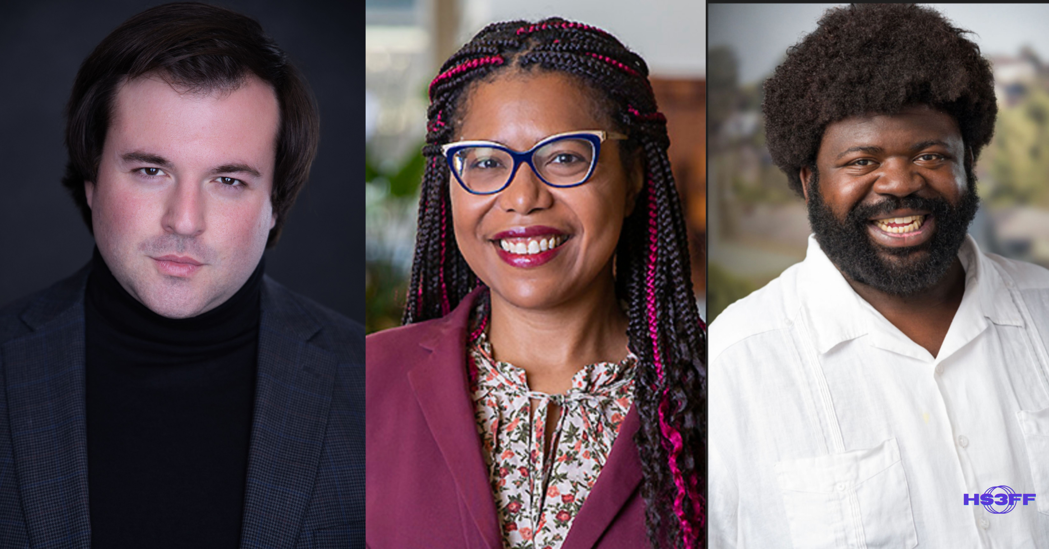 From left to right, a caucasian man is smiling, a nubian african american woman is smiling and a brown Nubian African American man is smiling