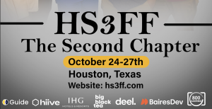 A vibrant promotional poster for the Houston Short Short Short Film Festival (HS3FF) - The Second Chapter, taking place from October 24-27, 2024, in Houston, Texas. The poster features a group of smiling attendees, dressed in stylish attire, with a backdr