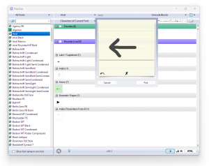 Screenshot of PopChar 10 for Windows interface. The left side shows a list of fonts with Arial selected. The right side displays character blocks and recently used characters. A central search dialog with a large left arrow character is open, illustrating