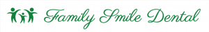 Family Smile Dental logo, it has green 3 figures standing to the left of the logo with their arms up