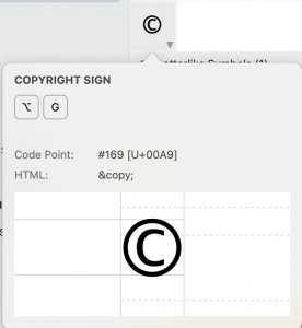 Screenshot of PopChar 10 for Windows interface showing detailed information about the copyright sign (©). The details include the code point (#169 [U+00A9]) and the HTML code (©). Keyboard shortcuts for inserting the character are also displayed. This fea