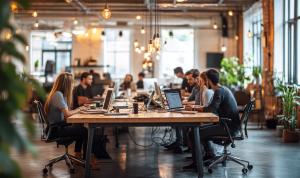 The image depicts a modern open room, industrial look, turned into an office with a few desk in the back where a few people are sitting, the camera is far away, it's afternoon