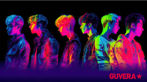 Guvera K-Pop Partnership Image: Glitch effect K-Pop star silhouettes are mirrored in this pop effect colorful graphic.