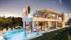 "Image of the luxurious Villas Higueron, featuring modern, sustainable architecture with southeast orientation, offering panoramic views of the Mediterranean Sea and Fuengirola coast. This exclusive development comprises seven contemporary villas designed